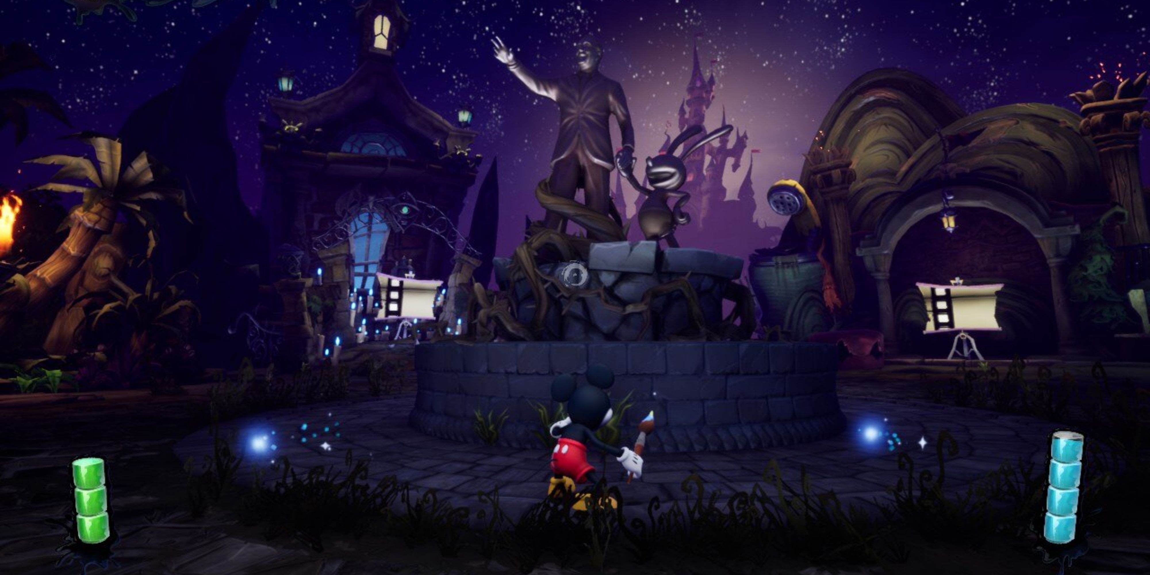 Mickey Mouse looks at the statue of Walt Disney and Oswald with the castle in the background in Epic Mickey Rebrushed.