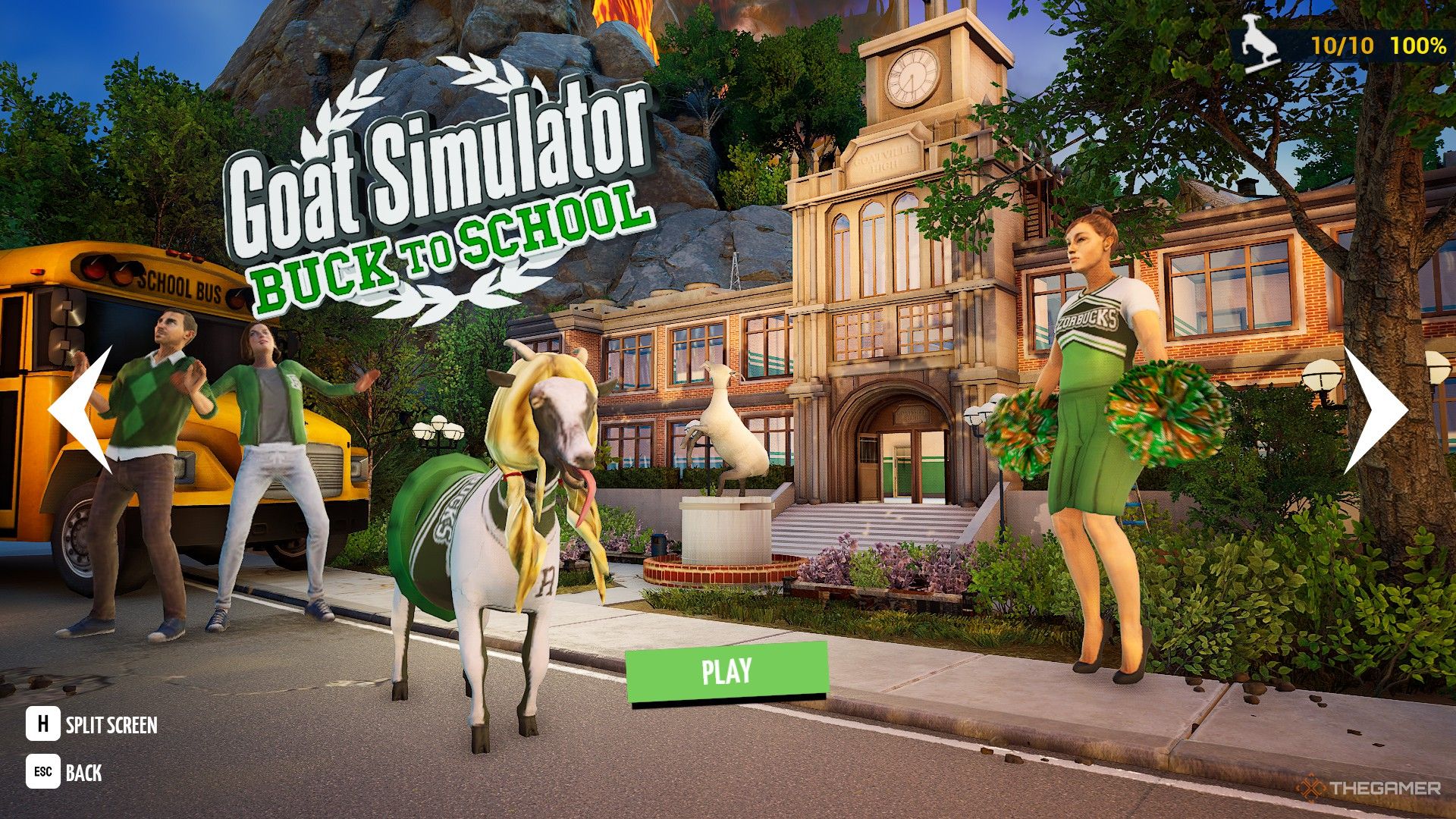 Pilgor wears a cheerleader costume among the students in Goat Simulator: Remastered