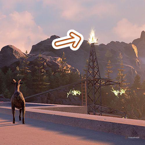 An orange arrow shows the location of a tropy that is located top of a transmisison tower in Goat Simulator Remastered