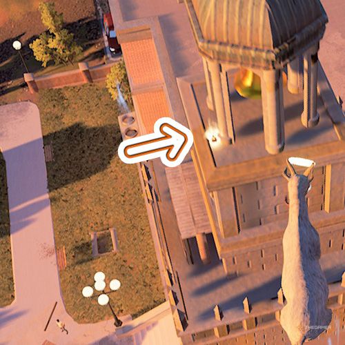 An orange arrow shows the location of a tropy which is located next to a bell in Goat Simulator Remastered