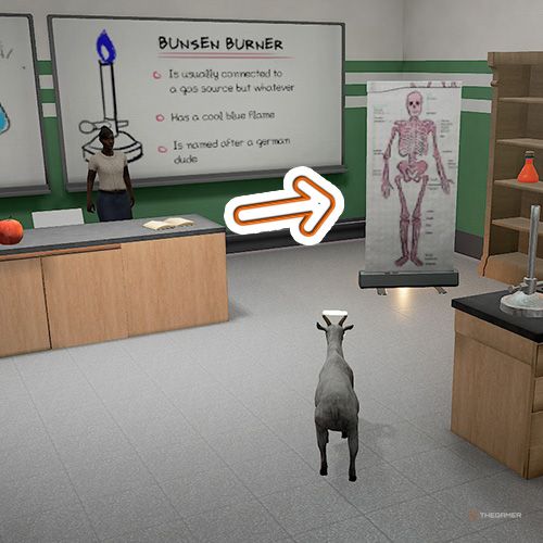 An orange arrow shows the location of a trophy which is behind an object with skeleton image on it in Goat Simulator Remastered