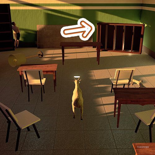 An orange arrow shows the location of a trophy which is behind a toppled shelf in Goat Simulator Remastered