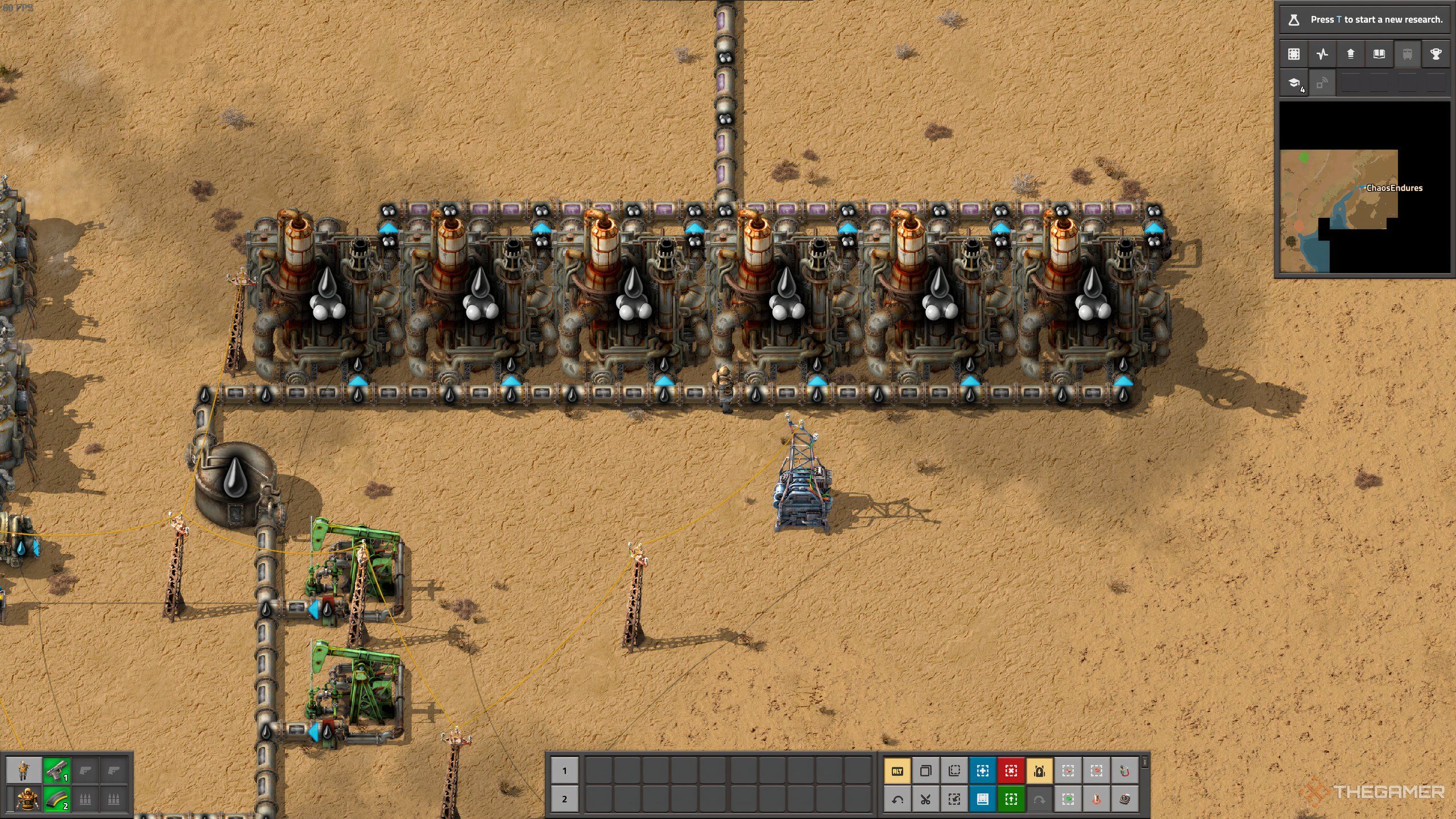 A setup that takes in oil gathered by pumpjacks, and turns it into petroleum gas for future use in Factorio.