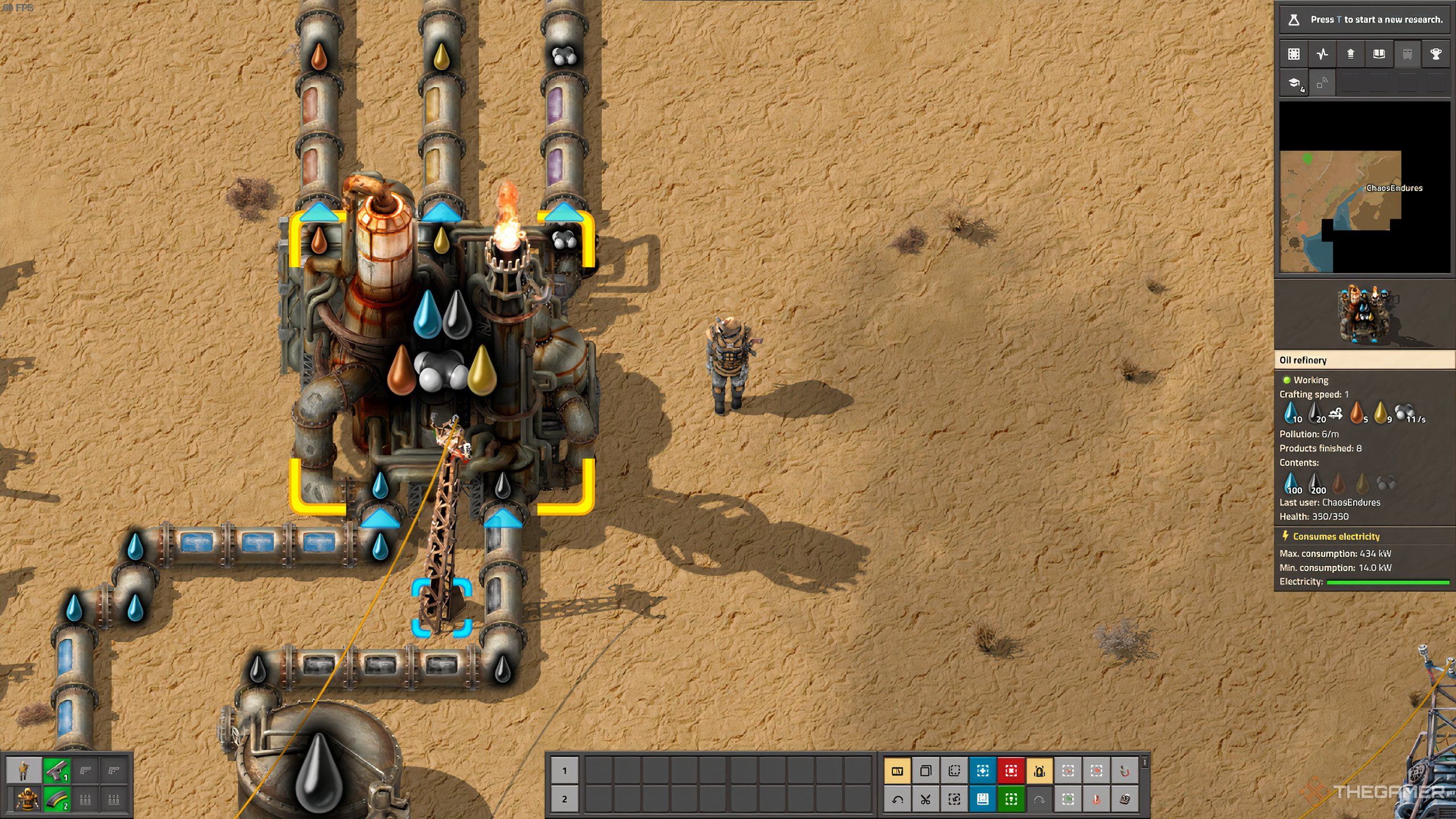 An oil refinery, processing the oil with advanced oil processing in Factorio.