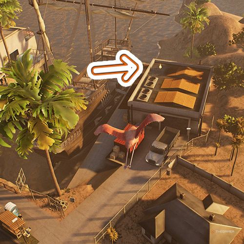 An orange arrow shows the location of a trophy that is located top of a building next to a shipin Goat Simulator Remastered