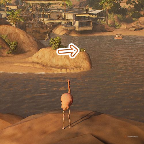 An orange arrow shows the location of a trophy inside the wetlands area in Goat Simulator Remastered