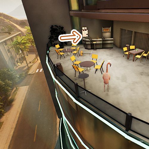 An orange arrow points the trophy that is at a restourant with a balcony in Goat Simulator Remastered