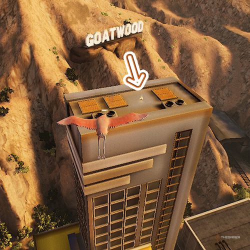 An orange arrow points the trophy that is on a roof near Goatwood sign in Goat Simulator Remastered