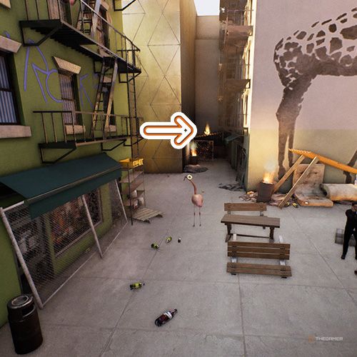 An orange arrow points the trophy that is on a back alley of a building with giraffe paint on it in Goat Simulator Remastered