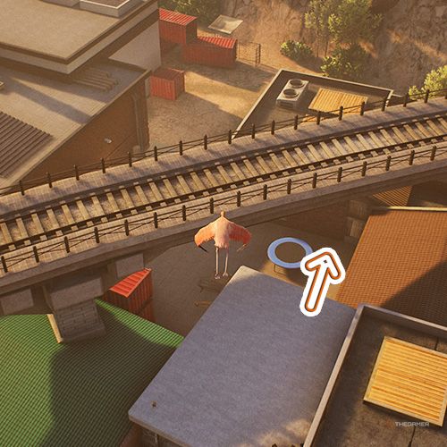 An orange arrow points the trophy that is under a railroad bridge in Goat Simulator Remastered