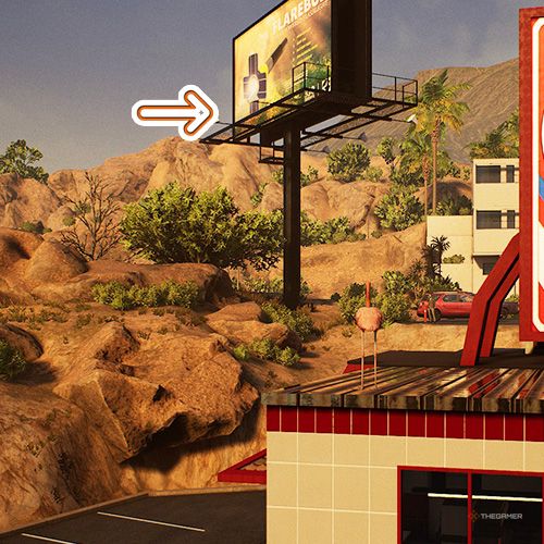 An orange arrow points the trophy that is on the signboard with flashlight ad in Goat Simulator Remastered