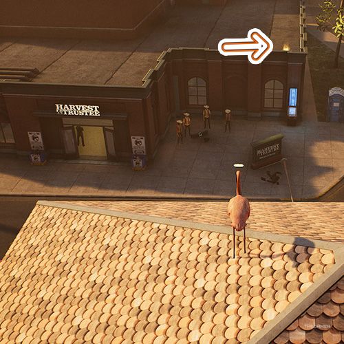 An orange arrow points the trophy that is on a roof with four people with Mexican hats in Goat Simulator Remastered