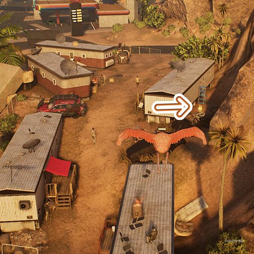 An orange arrow points the trophy that is behind a trailer-like house in Goat Simulator Remastered