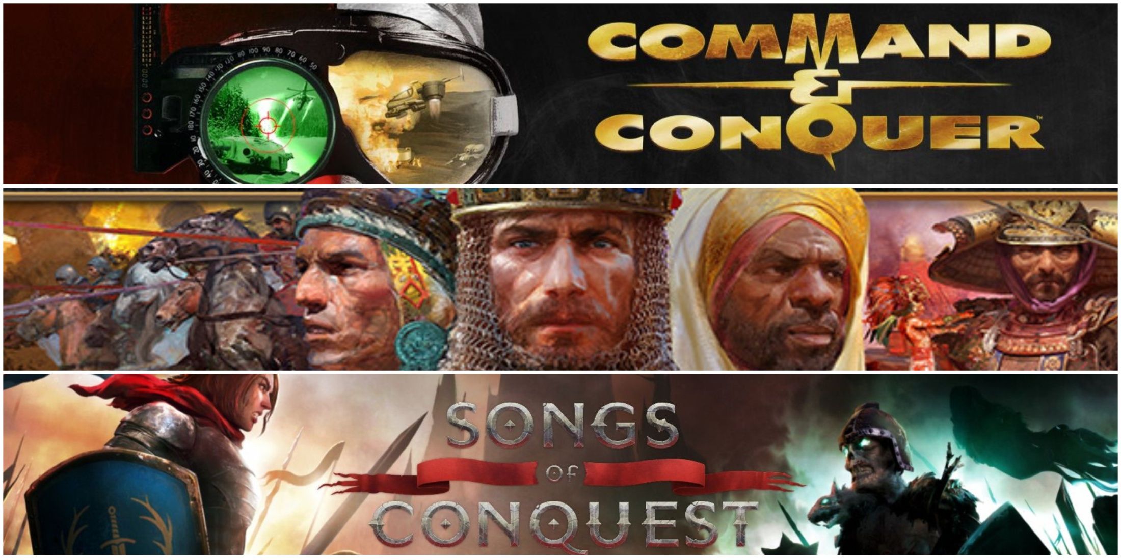 Command and Conquer remastered collection, Age of Empires 2 definitive edition, Songs of Conquest thumbnails