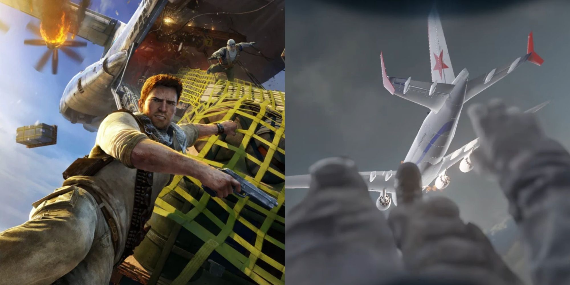 Drake in keyart for Uncharted 3 and exiting the plane in the Mile High Club mission in Call of Duty 4: Modern Warfare.