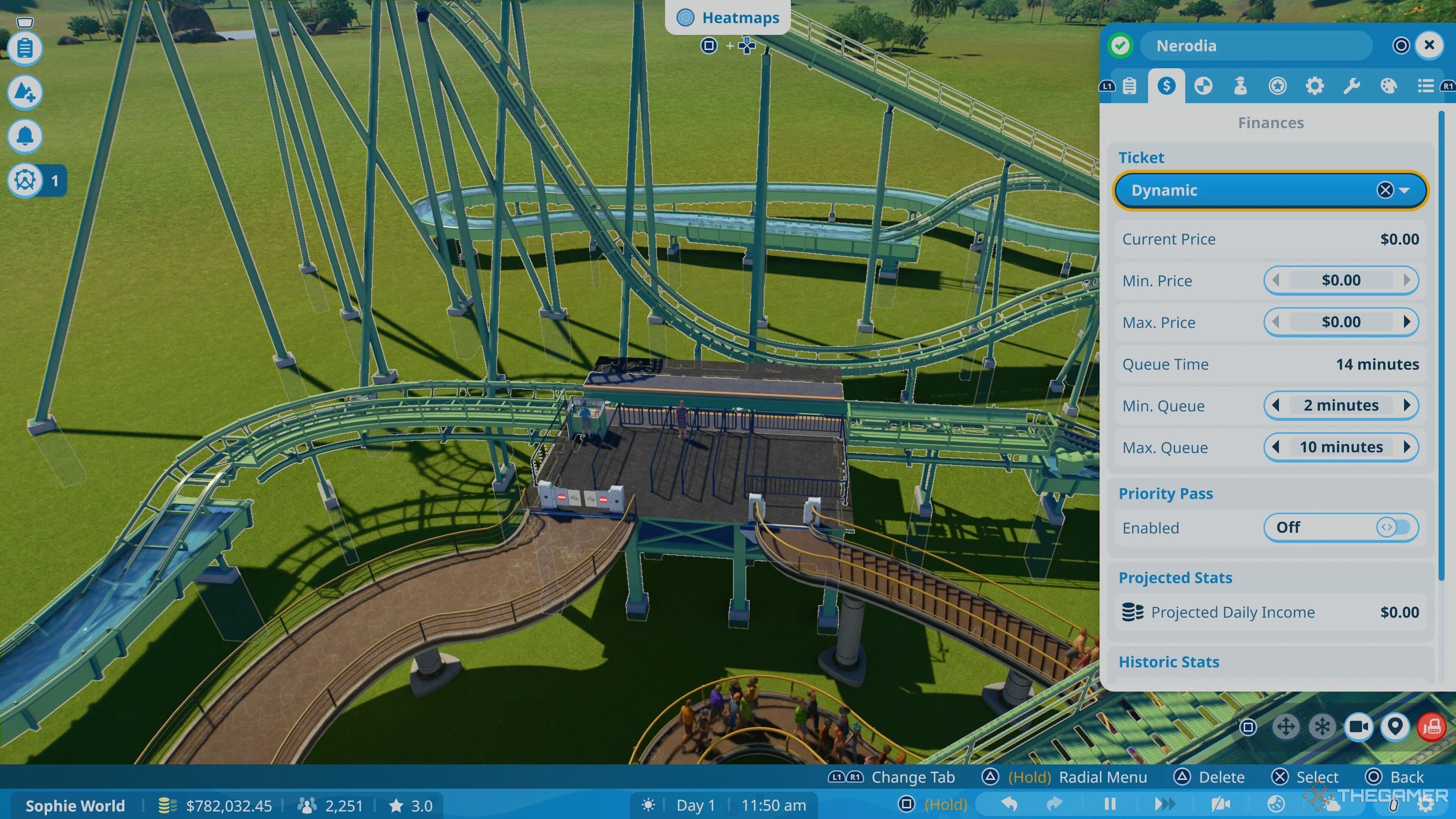 A rollercoaster financial screen showing price options in Planet Coaster 2.