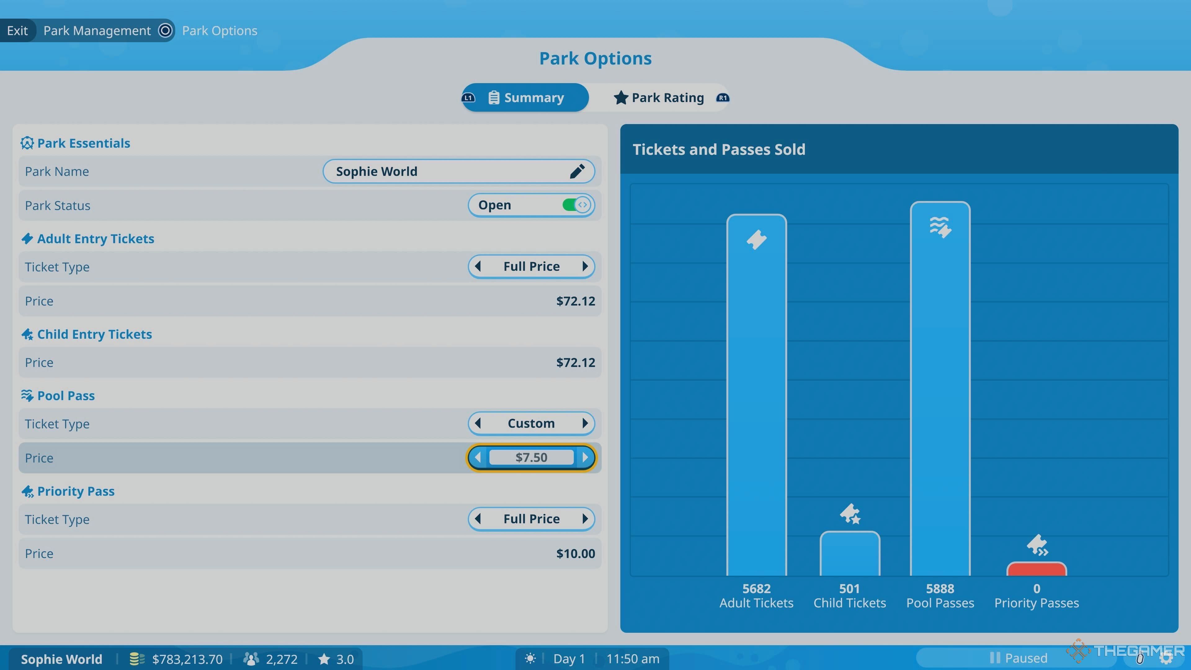 The Park Management screen showing Priority and Pool Pass charges in Planet Coaster 2.