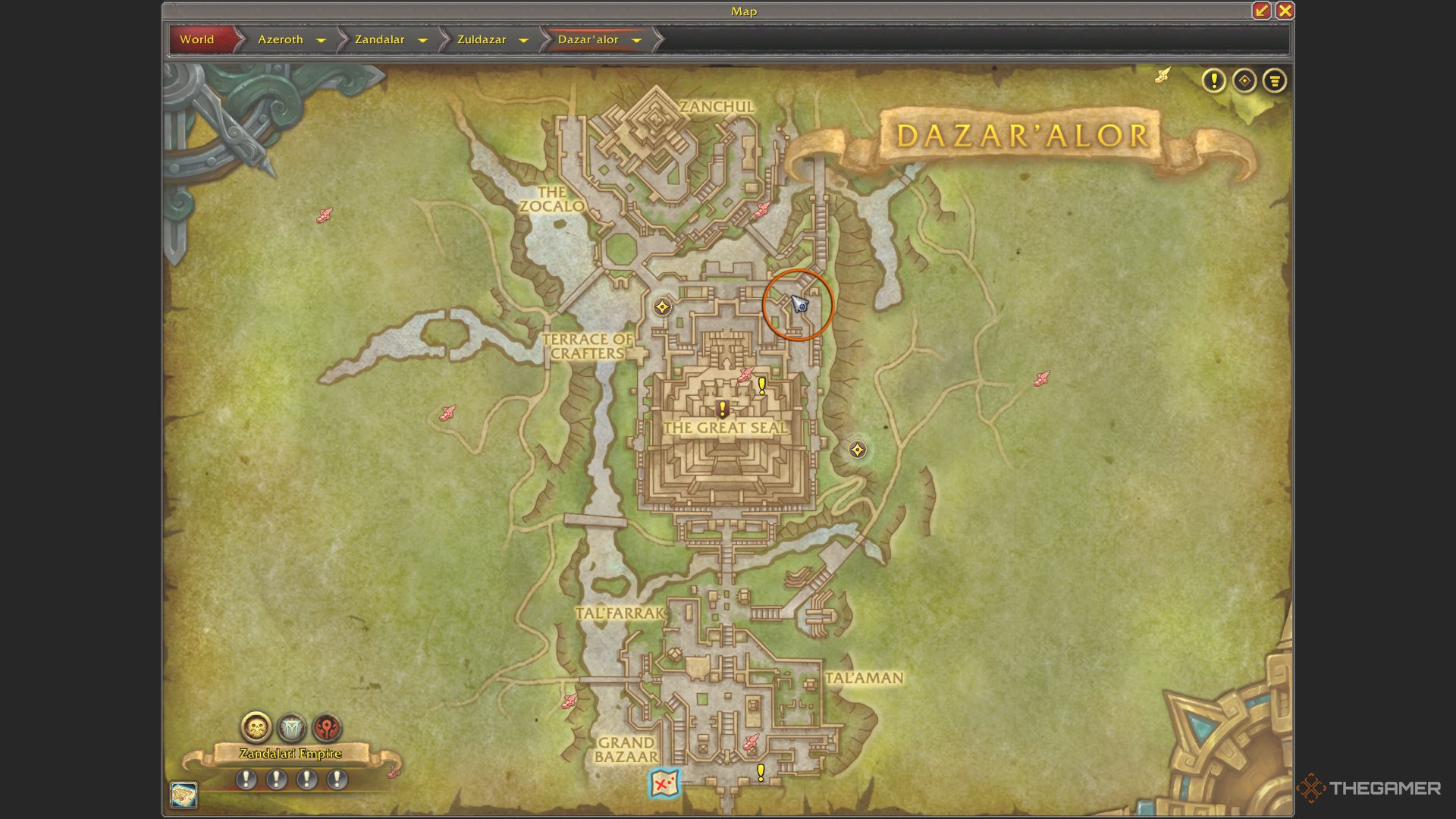 The location of the Hall of Beasts on the map of Dazar'alor, circled in orange.