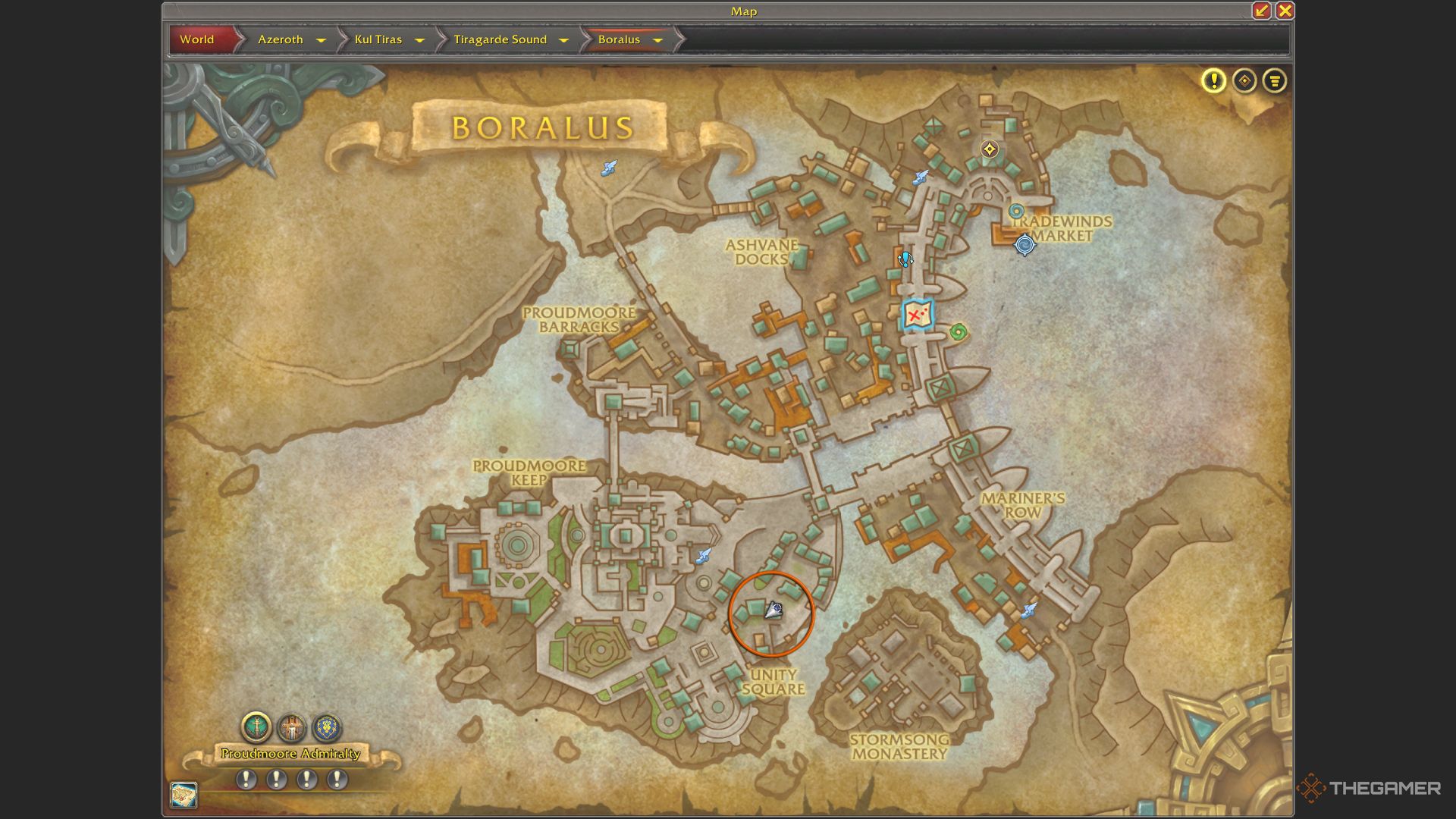 The location of Catty Cathy's on the map of Boralus, circled in orange.