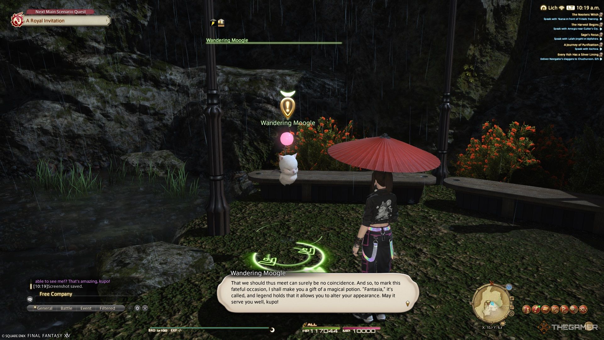 A player getting a free phial of fantasia from a moogle in Final Fantasy 14.