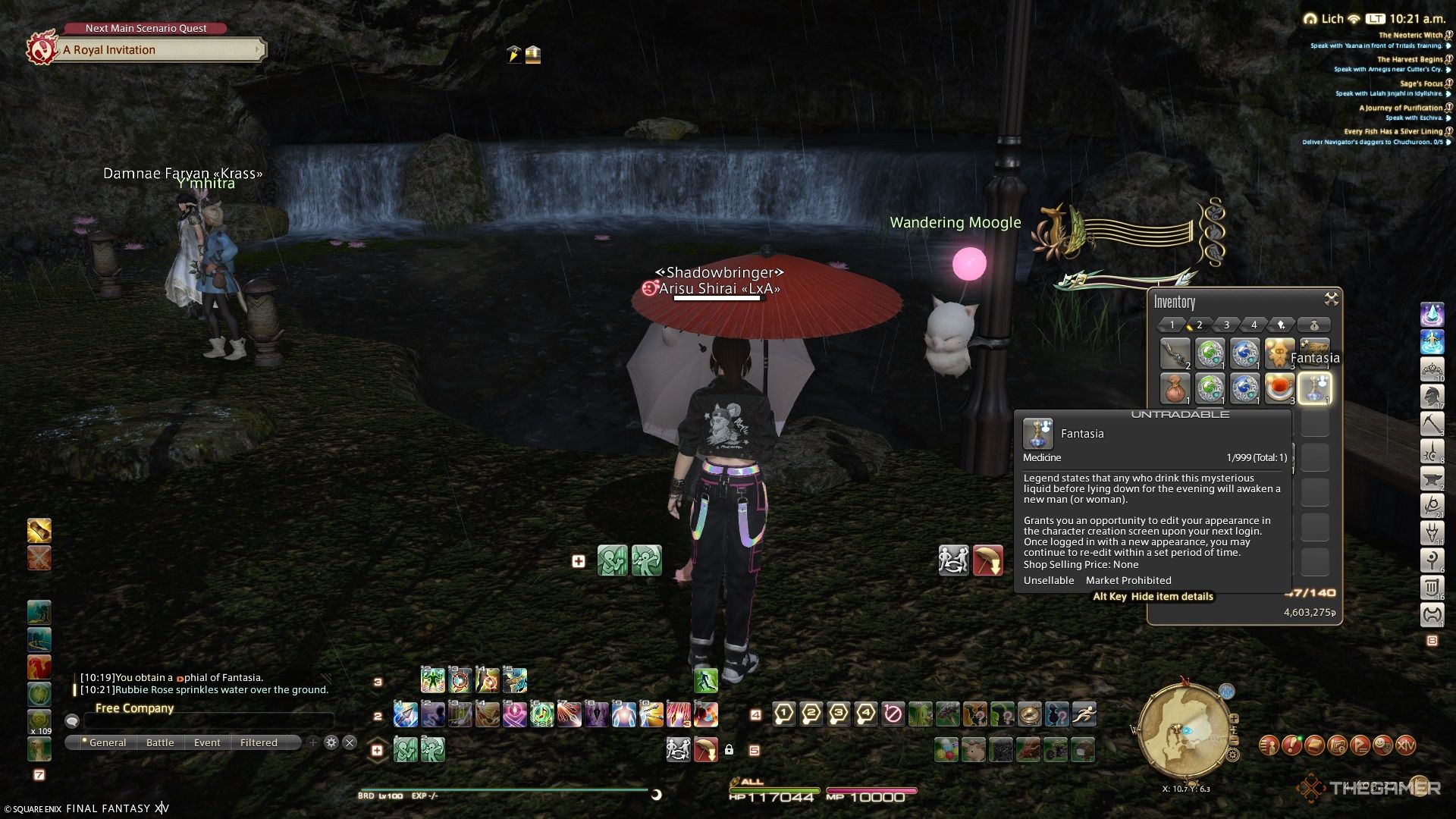 A player with a phial of Fantasia in their inventory in Final Fantasy 14.