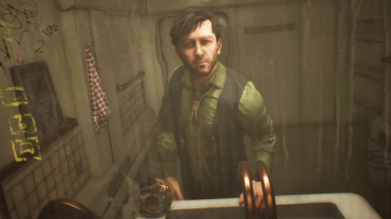 Best new PC games: a person wearing a shirt and vest looks at themselves in a mirror.