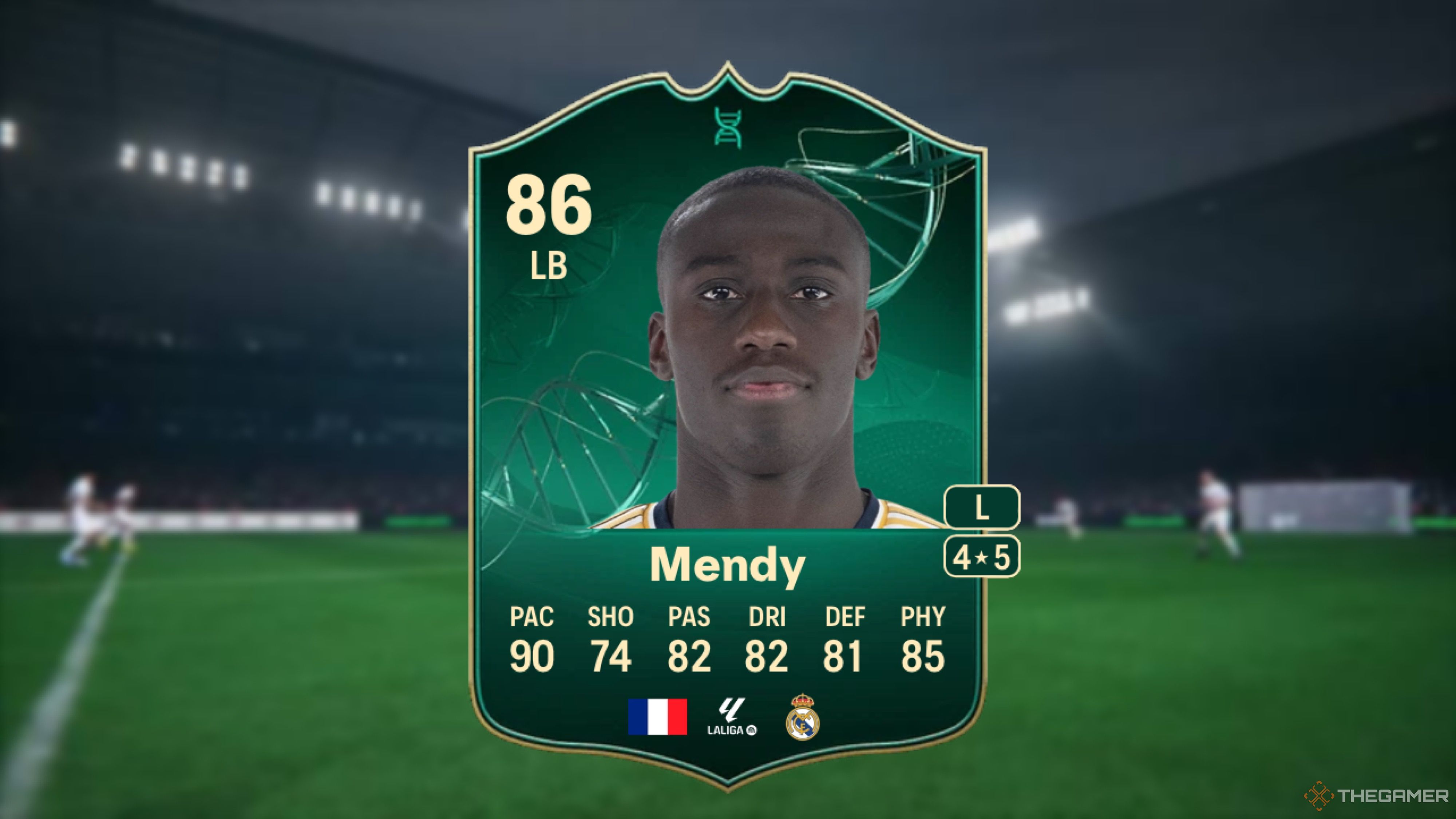 Image showing Mendy card against a faded stadium background.