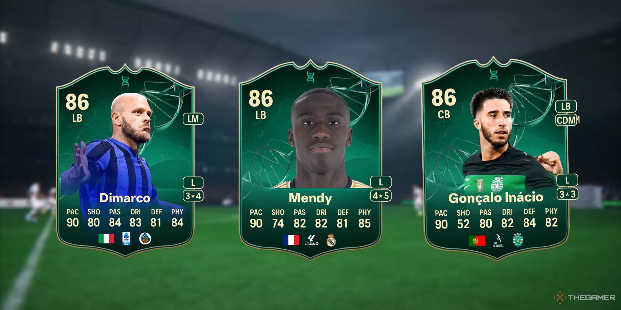 Image showing Dimarco, Mendy, and Inácio card against a faded pitch background.