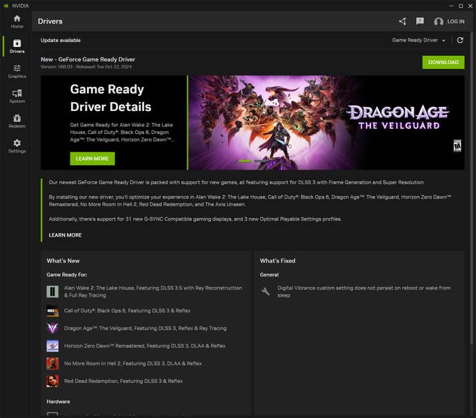 A screen showing all the settings and dials for Dragon Age Veilguard in the new Nvidia App.