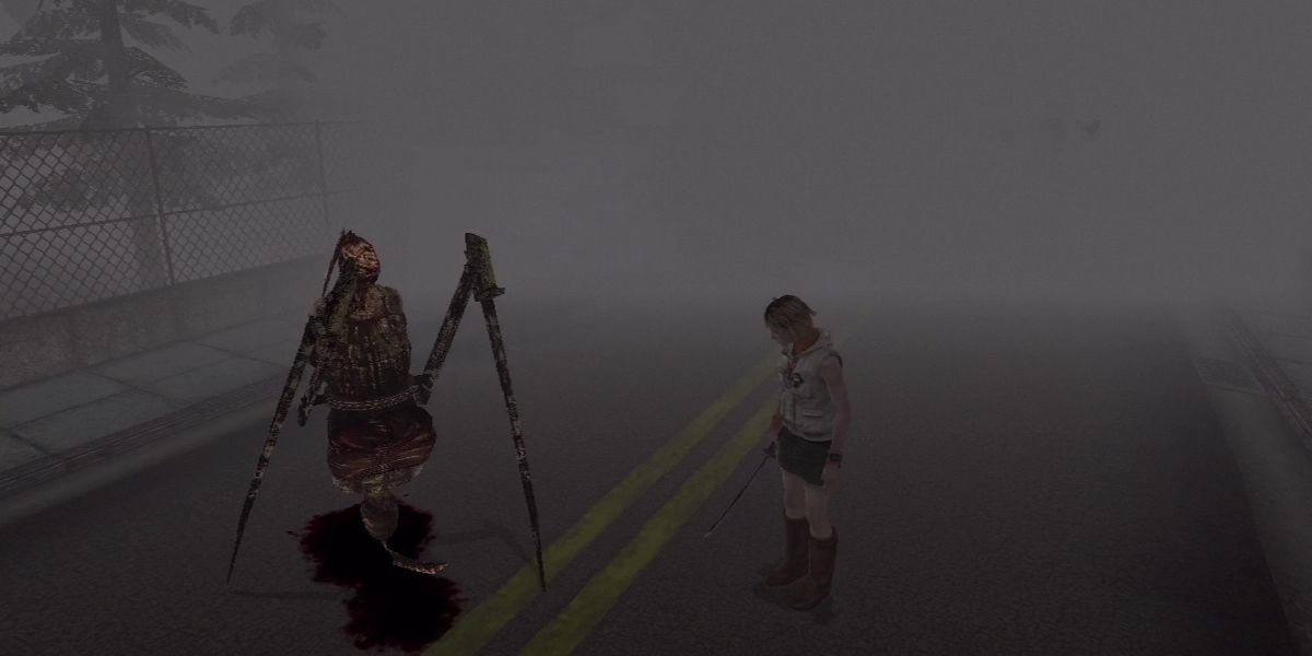 Heather looks at a Pendulum on the road in Silent Hill 3.