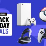 Xbox Series X, Pokemon Go Plus+, Pulse Elite headset, and DualSense Edge on a blue background with Black Friday deals badge