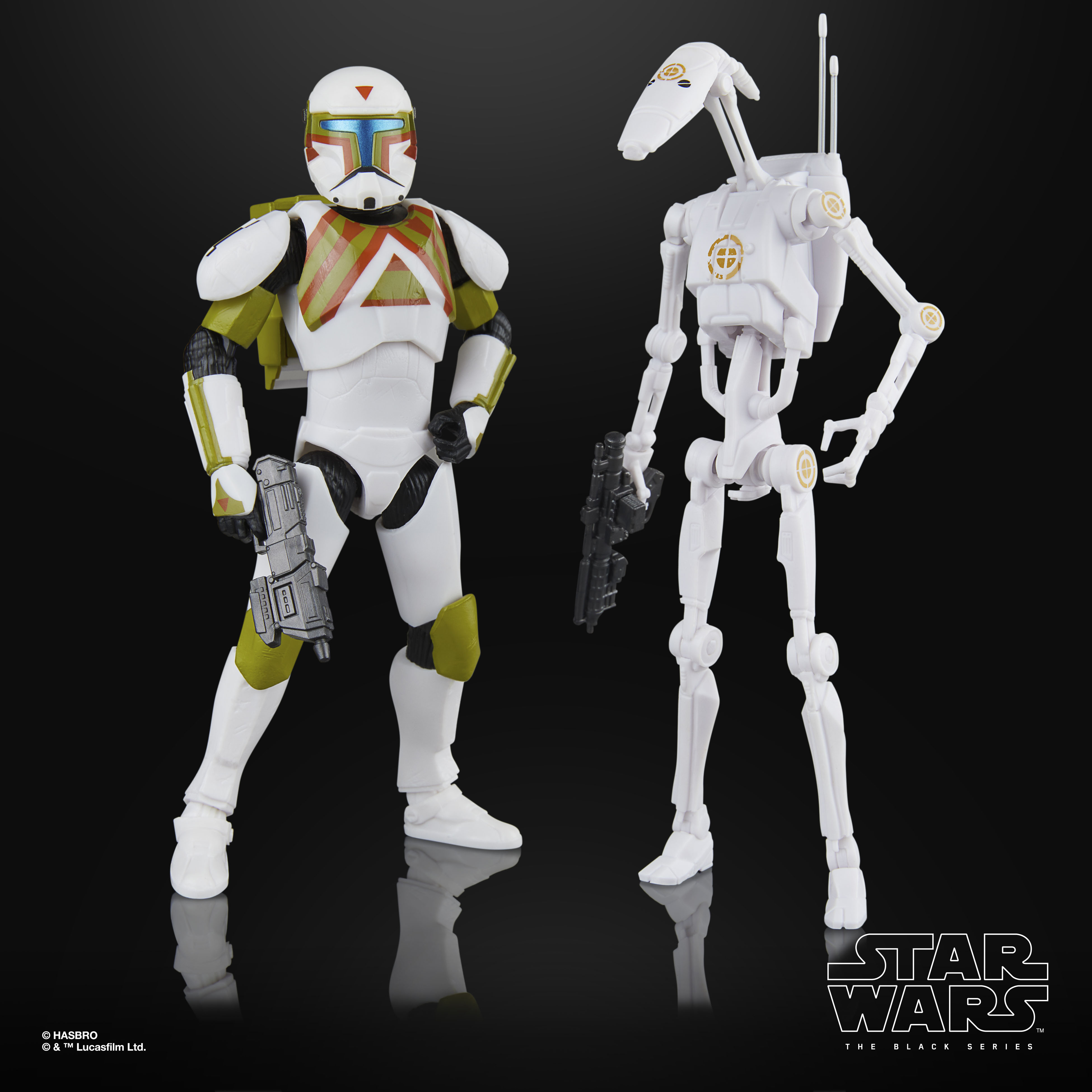 Black Series Clone Commando and B1 Battle Droid action figures against a black background