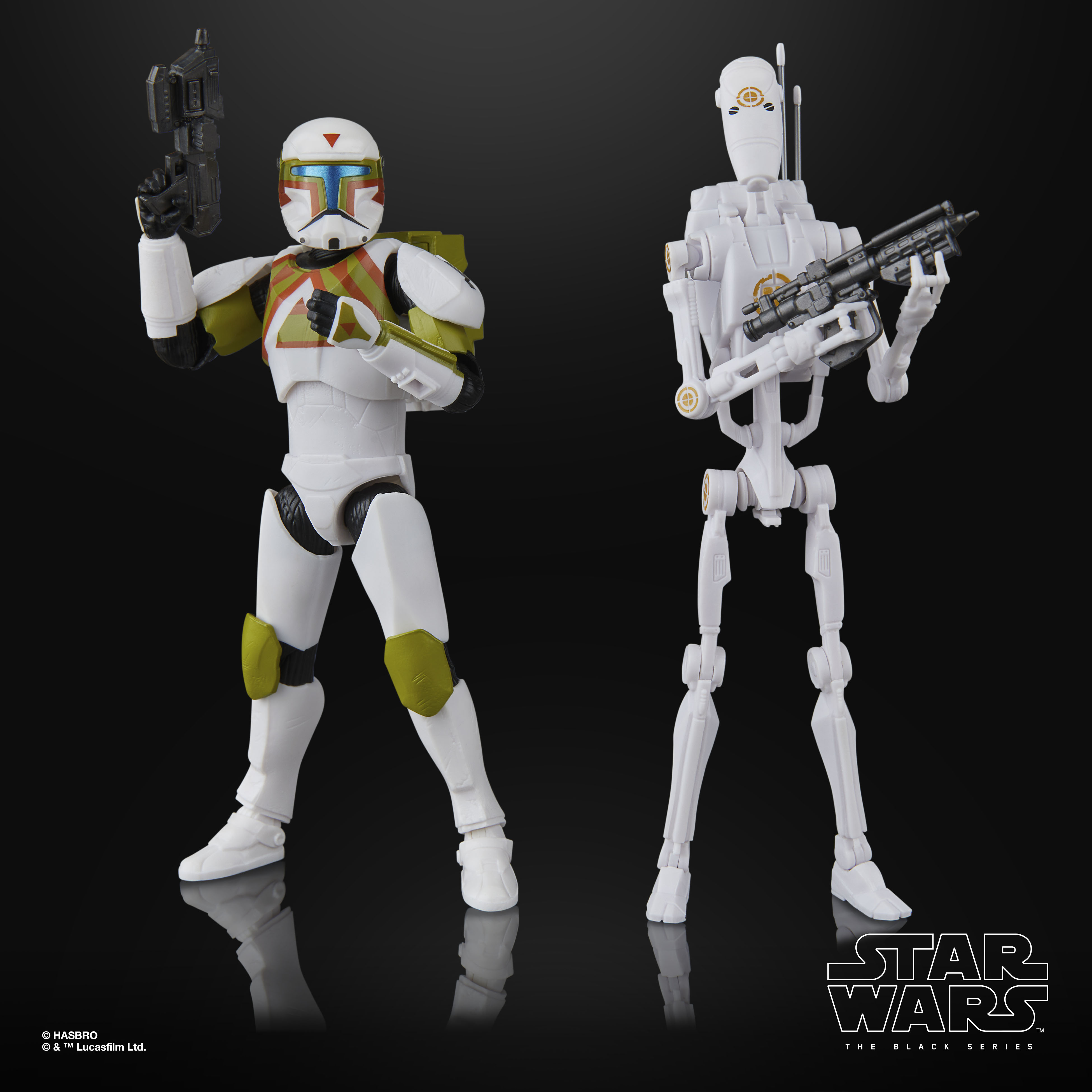 Black Series Clone Commando and B1 Battle Droid action figures against a black background