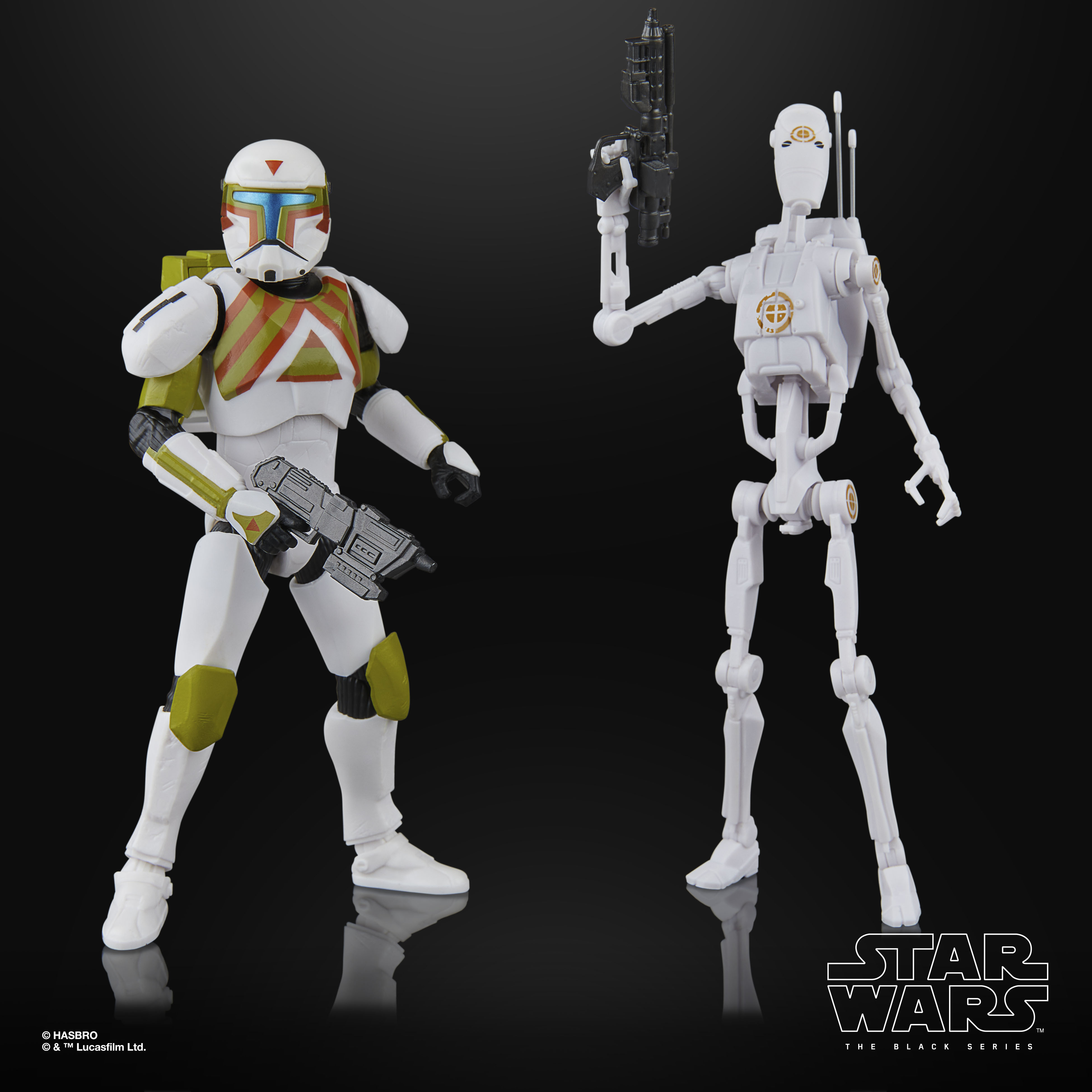 Black Series Clone Commando and B1 Battle Droid action figures against a black background