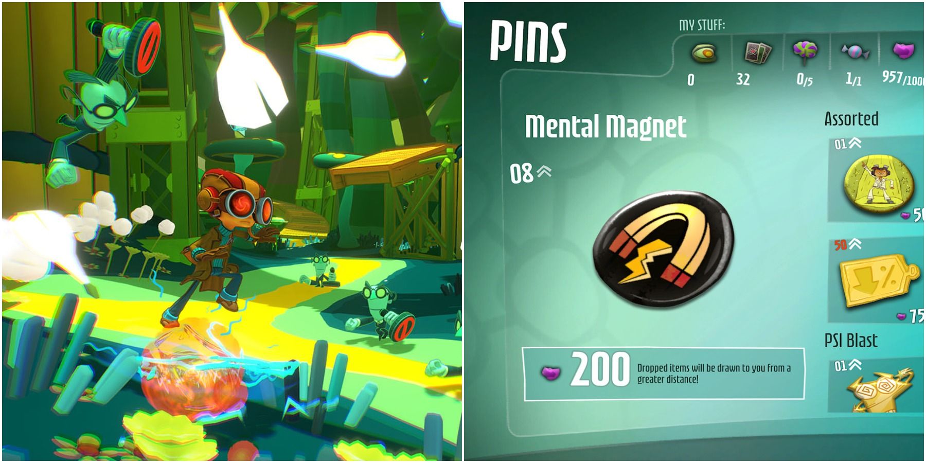 (Left) Raz escaping enemies via Levitation (Right) Mental Magnet pin