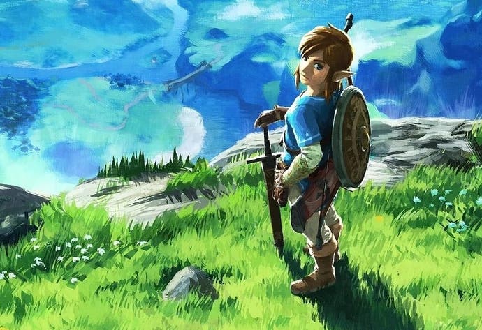 A close-up from the cover art of The Legend of Zelda: Breath of the Wild, showing Link looking back at the viewer