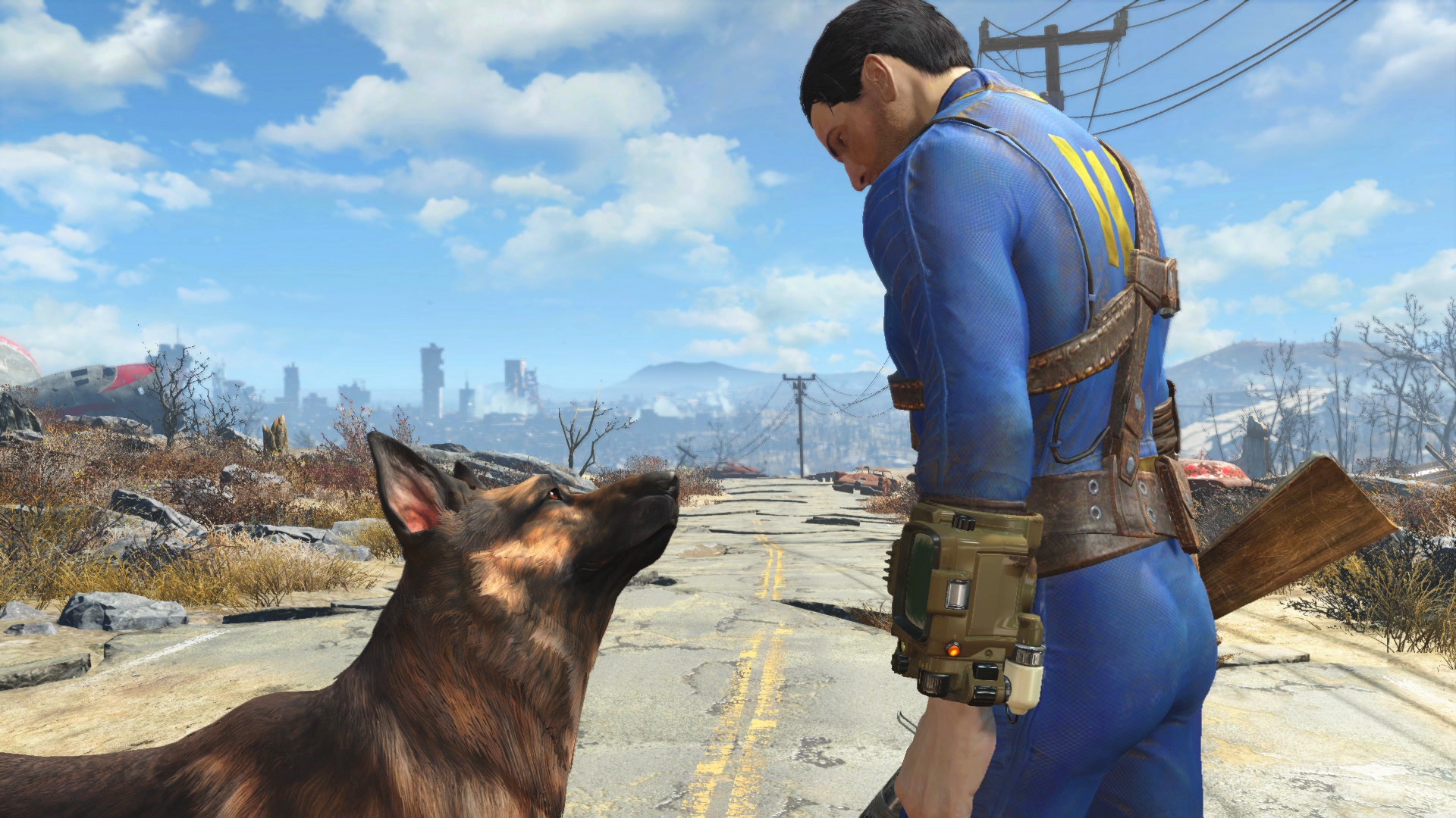 Best games like Skyrim: Fallout 4. Image shows the protagonist and Dogmeat the dog in a wasteland.