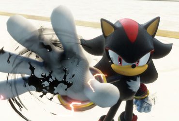 Shadow holds out his hand to absorb inky black doom powers in Sonic X Shadow Generations