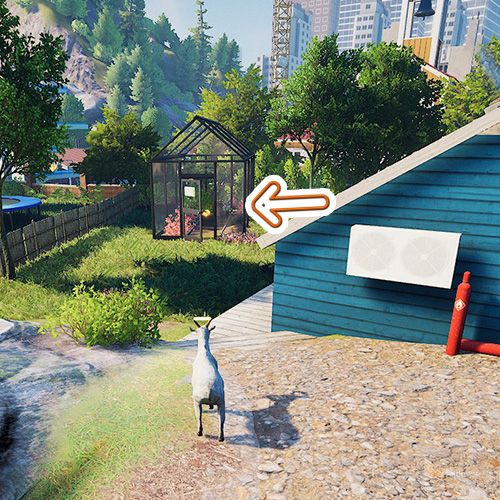 An orange arrow points the trophy that is inside a greenhouse in Goat Simulator Remastered