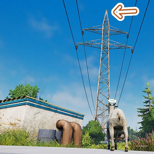 An orange arrow points the trophy that is located top of a transmission tower in Goat Simulator Remastered