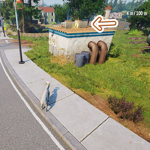 An orange arrow points the trophy that is above a small structure that has a HVAC unit on it in Goat Simulator Remastered