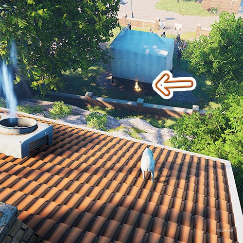 An orange arrow points the trophy that is behind a protest tent in Goat Simulator Remastered