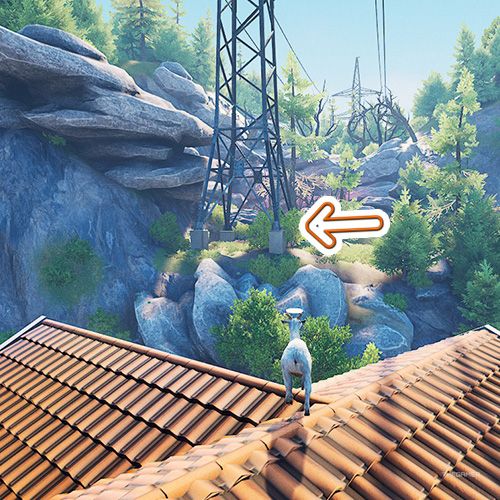 An orange arrow points the trophy that is on the base of a nearby transmission tower in Goat Simulator Remastered