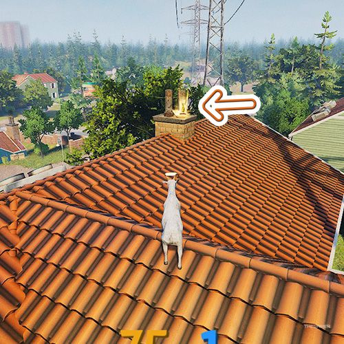 An orange arrow points the trophy that is on the roof of the Coffee Stain building in Goat Simulator Remastered