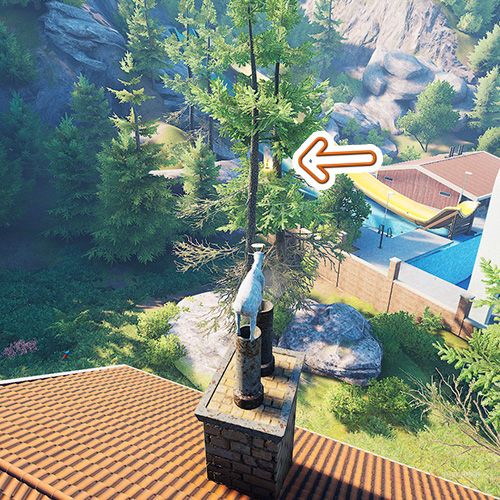 An orange arrow points the trophy that is on a tree next to water park in Goat Simulator Remastered