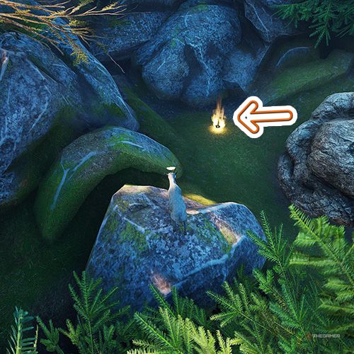 An orange arrow points the trophy that is among the mossy stones in Goat Simulator Remastered