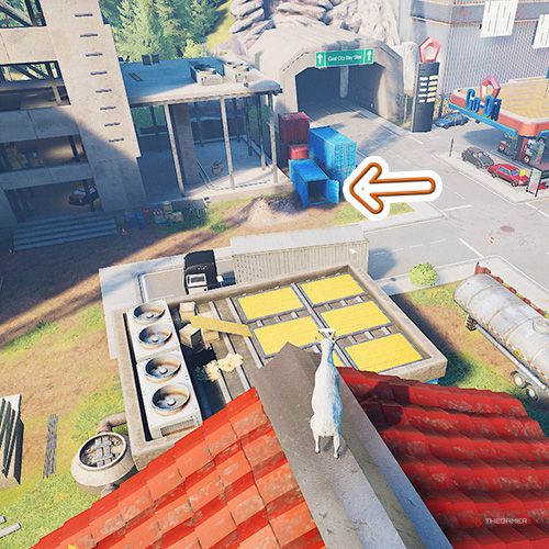 An orange arrow points the trophy that is indie a blue container in Goat Simulator Remastered