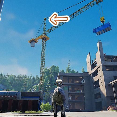 An orange arrow points the trophy that is on top of a crane in Goat Simulator Remastered