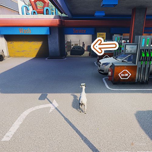 An orange arrow points the trophy that is inside a service room of a gas station in Goat Simulator Remastered