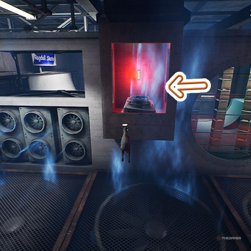 An orange arrow points a room with red lights in Goat Simulator Remastered